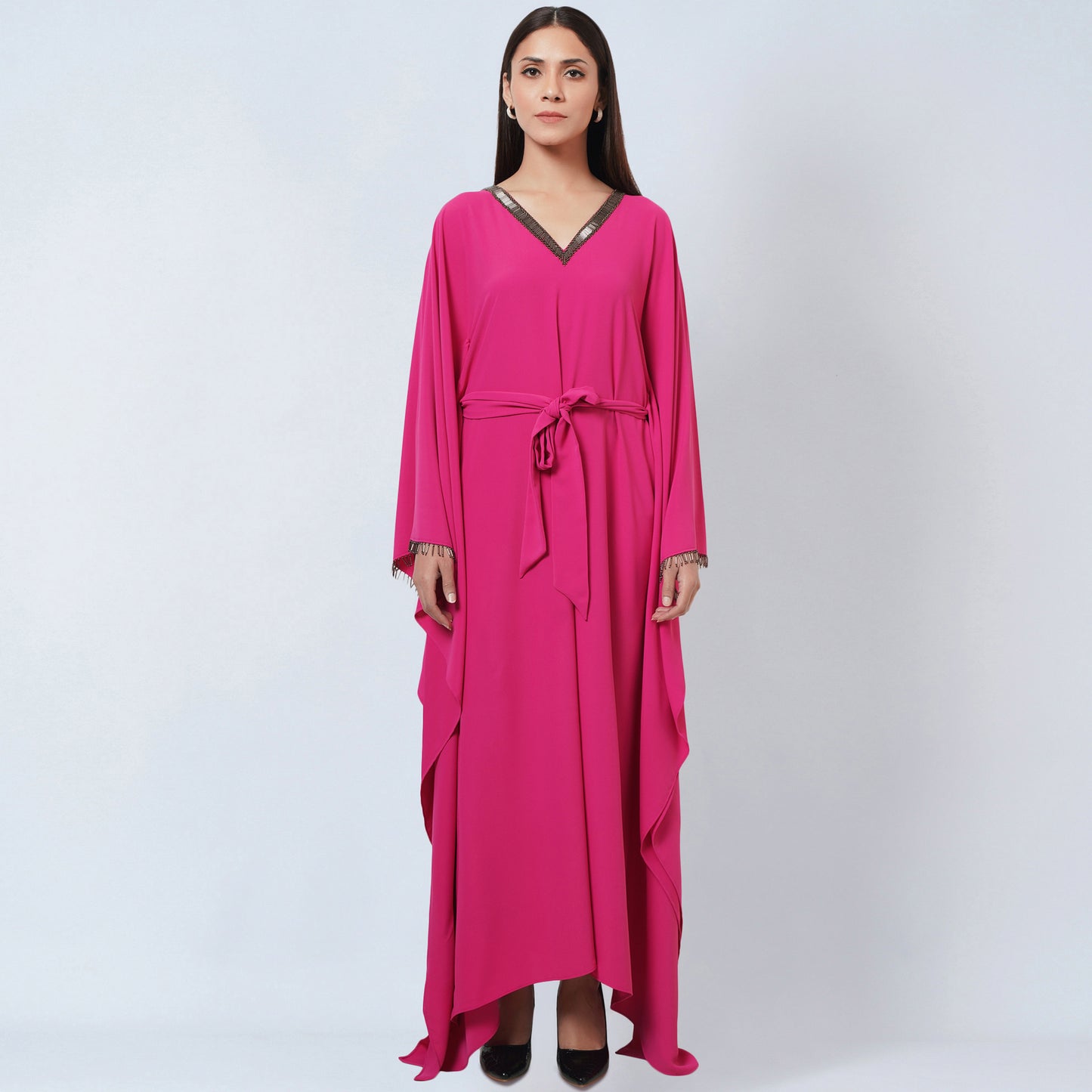 Bright Pink Embroidered Neckline Full Length Kaftan with Belt