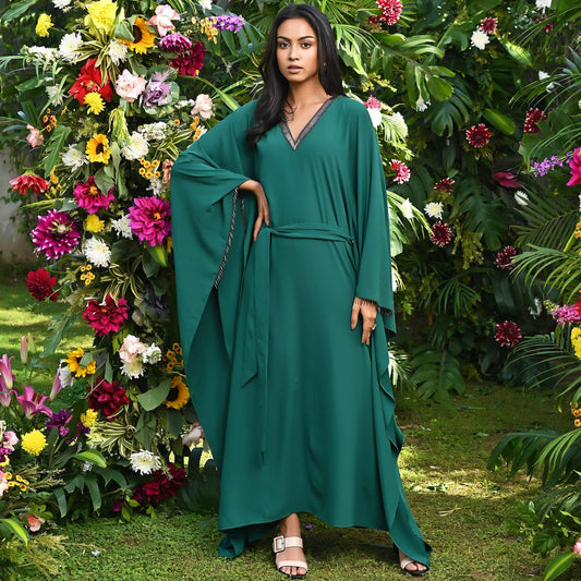 Pine Green Embroidered Neckline Full Length Kaftan with Belt