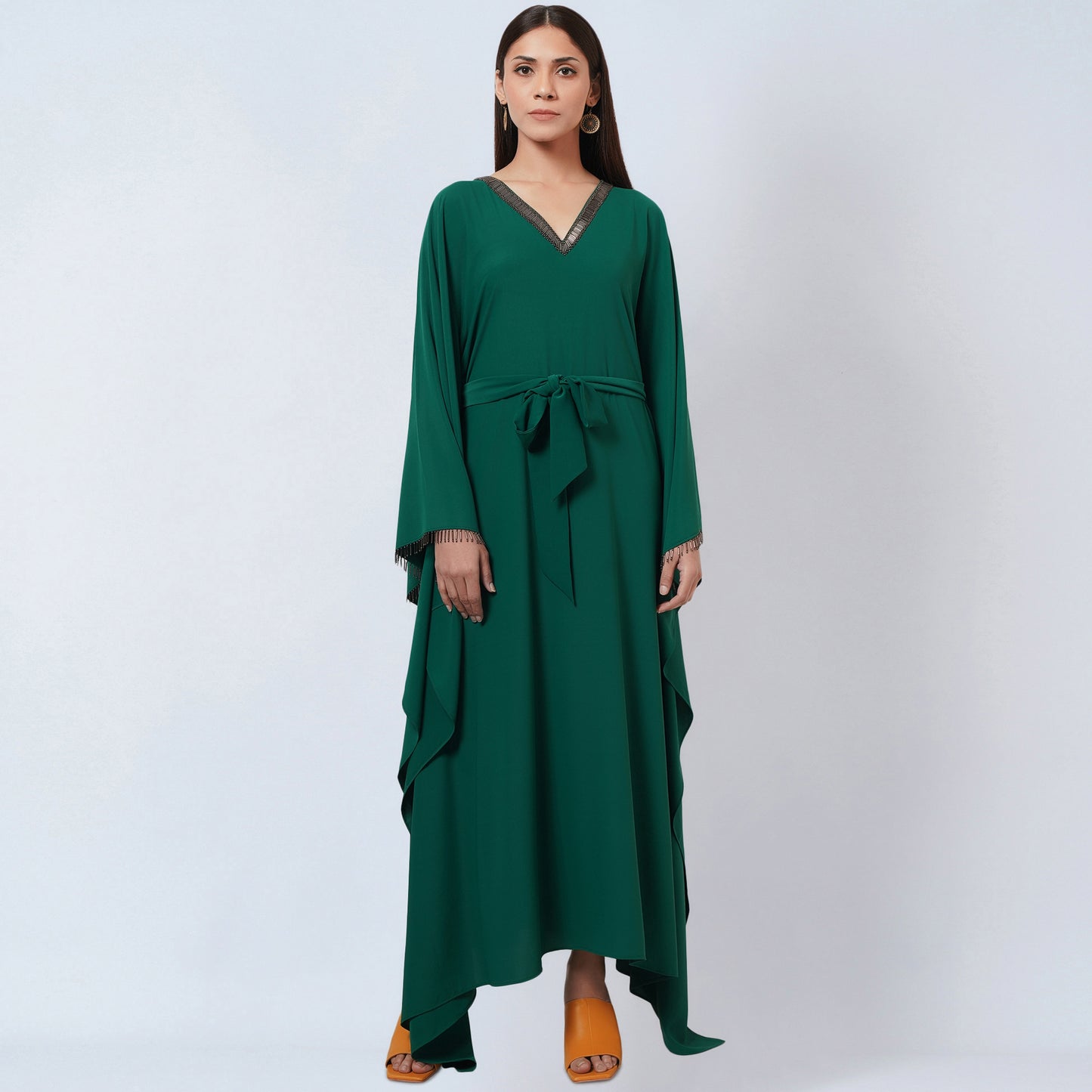 Pine Green Embroidered Neckline Full Length Kaftan with Belt