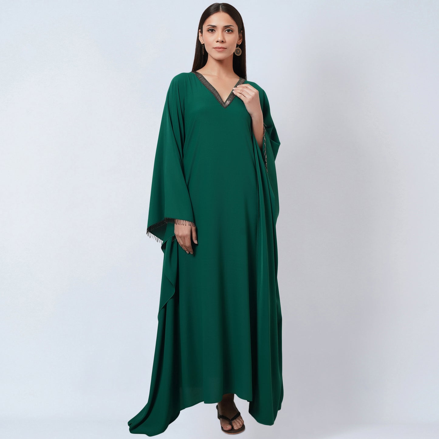 Pine Green Embroidered Neckline Full Length Kaftan with Belt