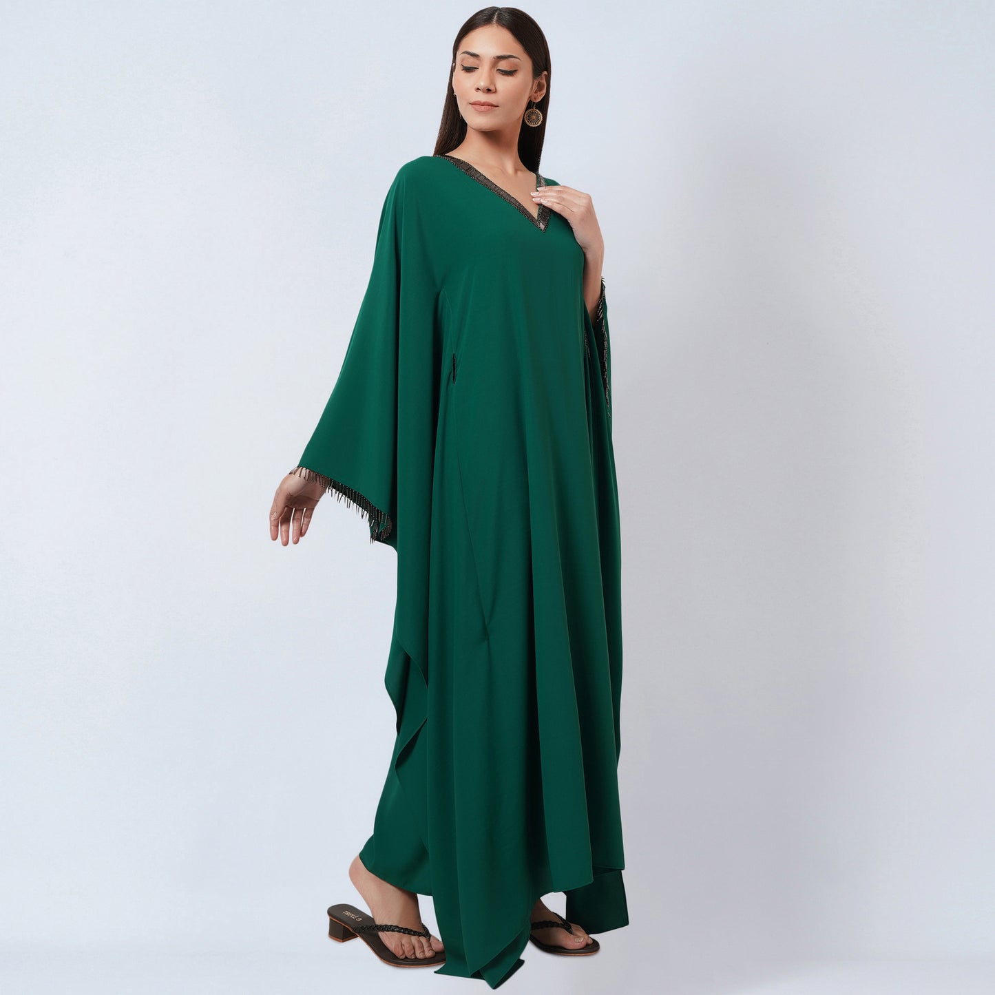 Pine Green Embroidered Neckline Full Length Kaftan with Belt
