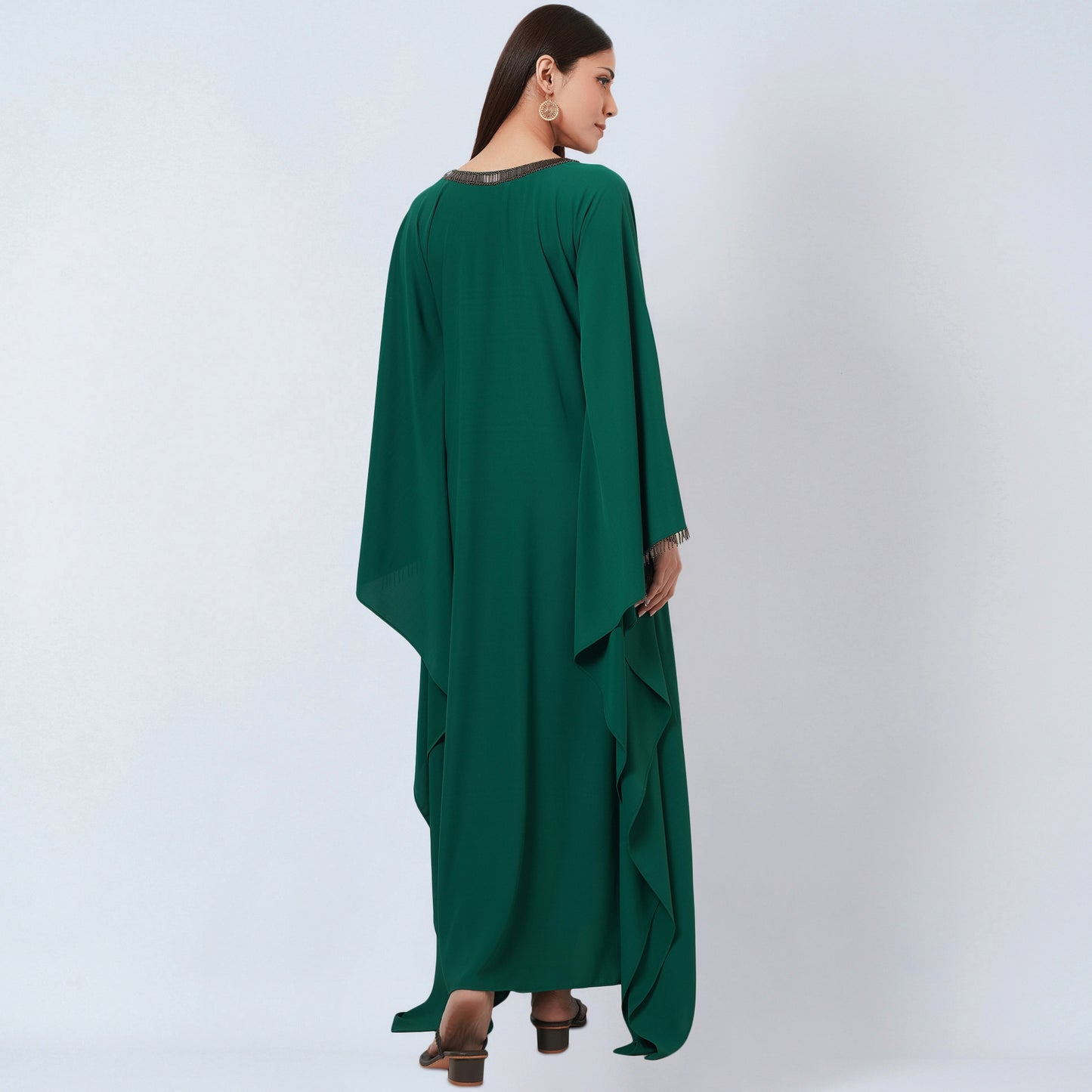 Pine Green Embroidered Neckline Full Length Kaftan with Belt