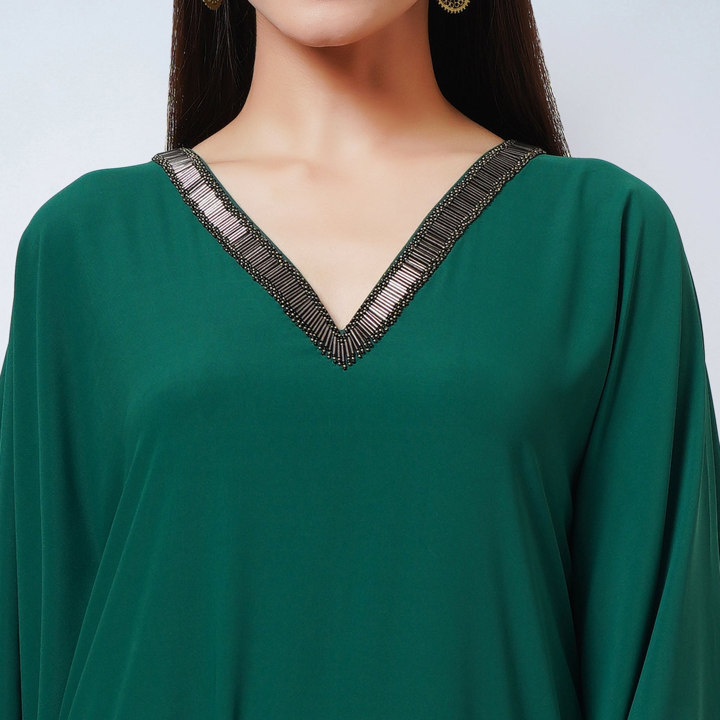 Pine Green Embroidered Neckline Full Length Kaftan with Belt