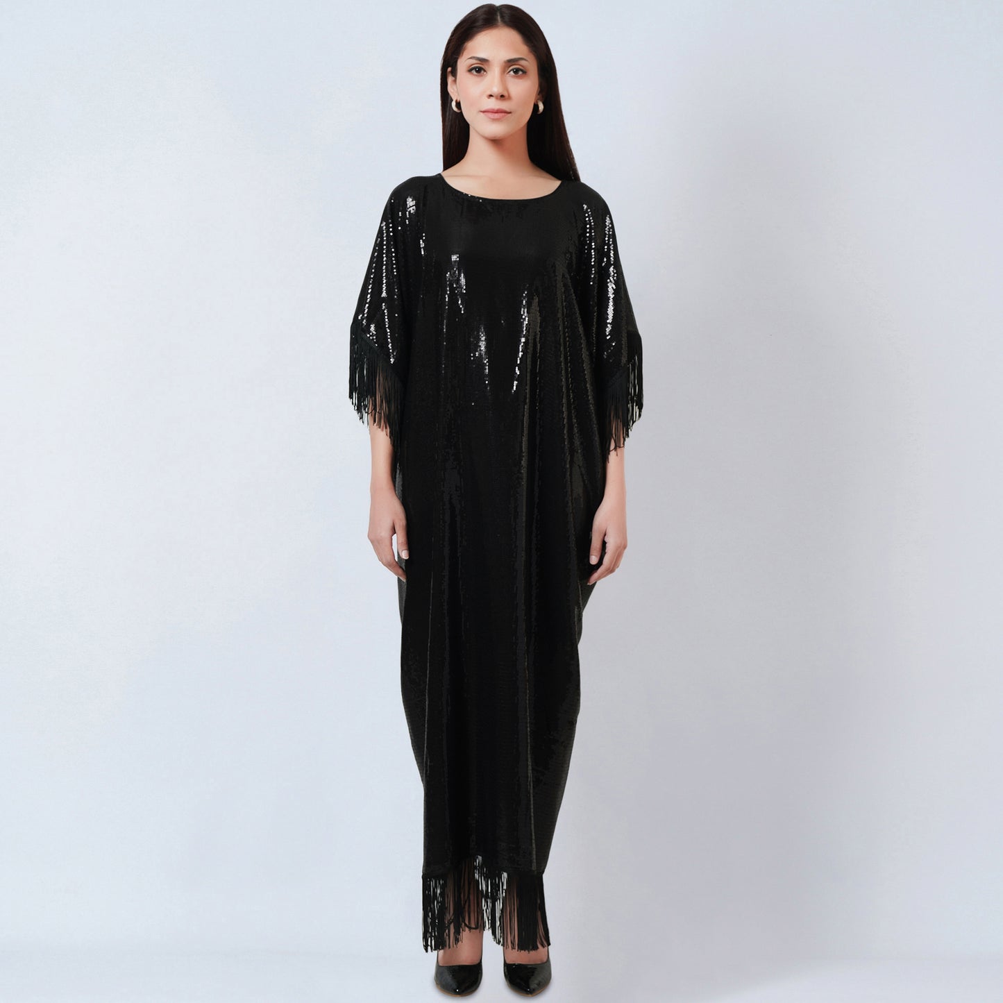 Black Sequin Full Length Kaftan with Fringe Detail