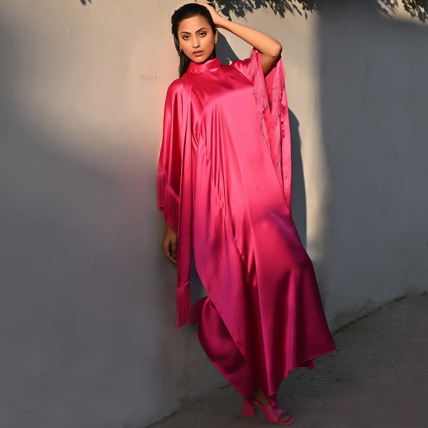 Hot Pink Full Length Kaftan with Fringe Detail