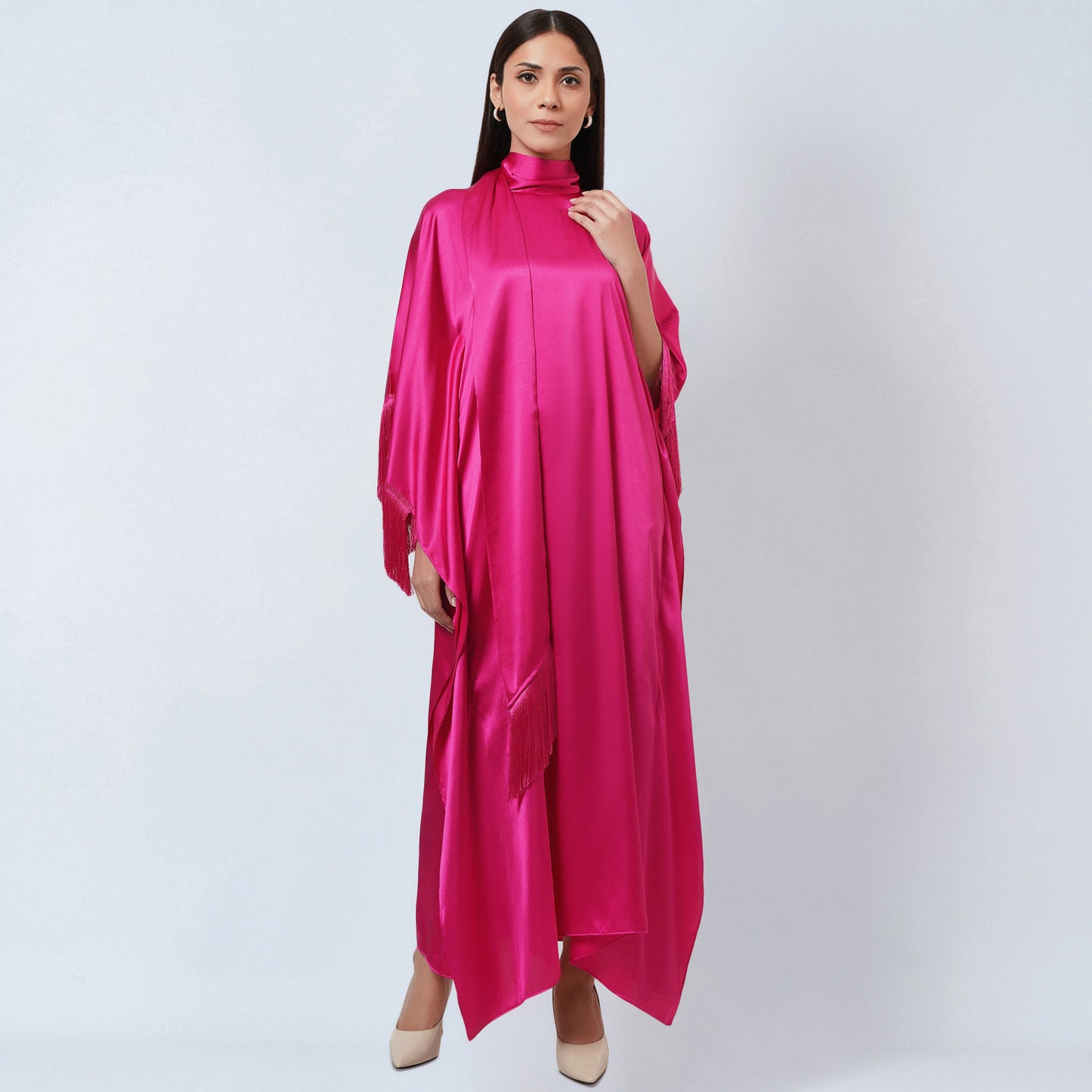 Hot Pink Full Length Kaftan with Fringe Detail