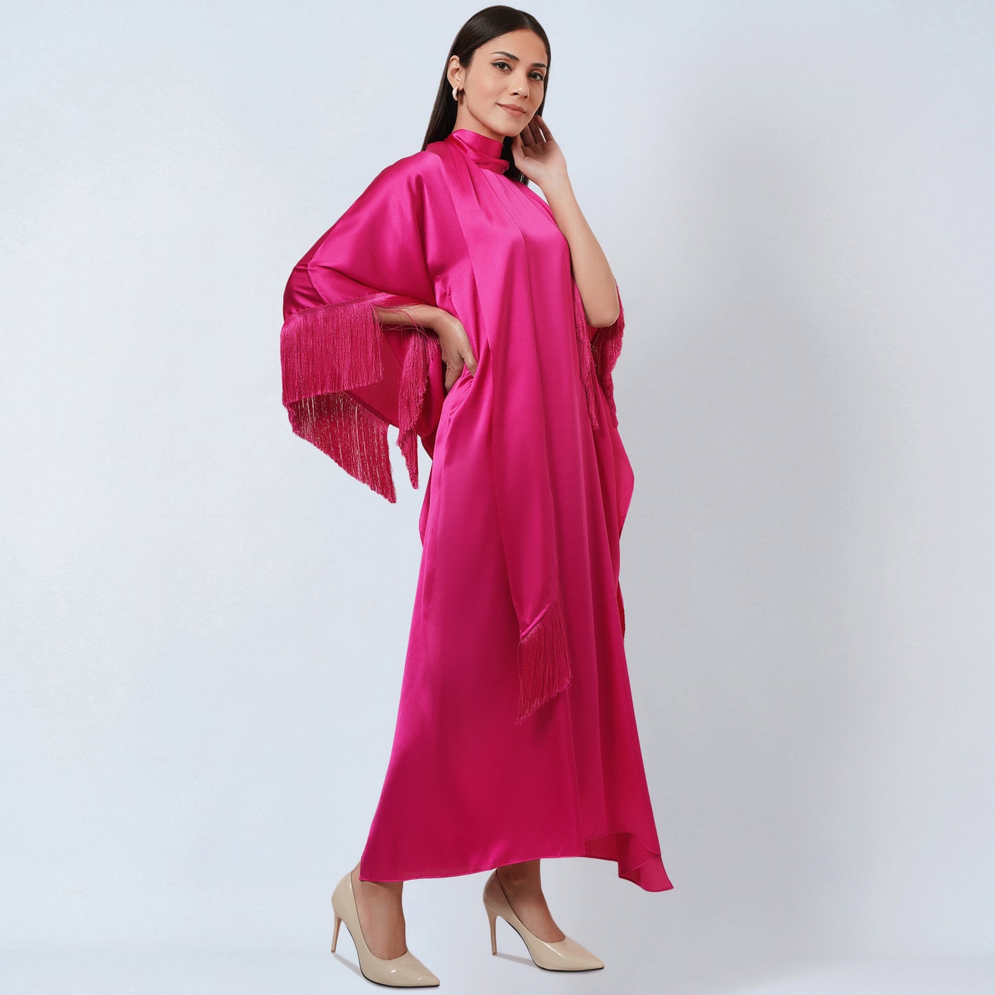 Hot Pink Full Length Kaftan with Fringe Detail