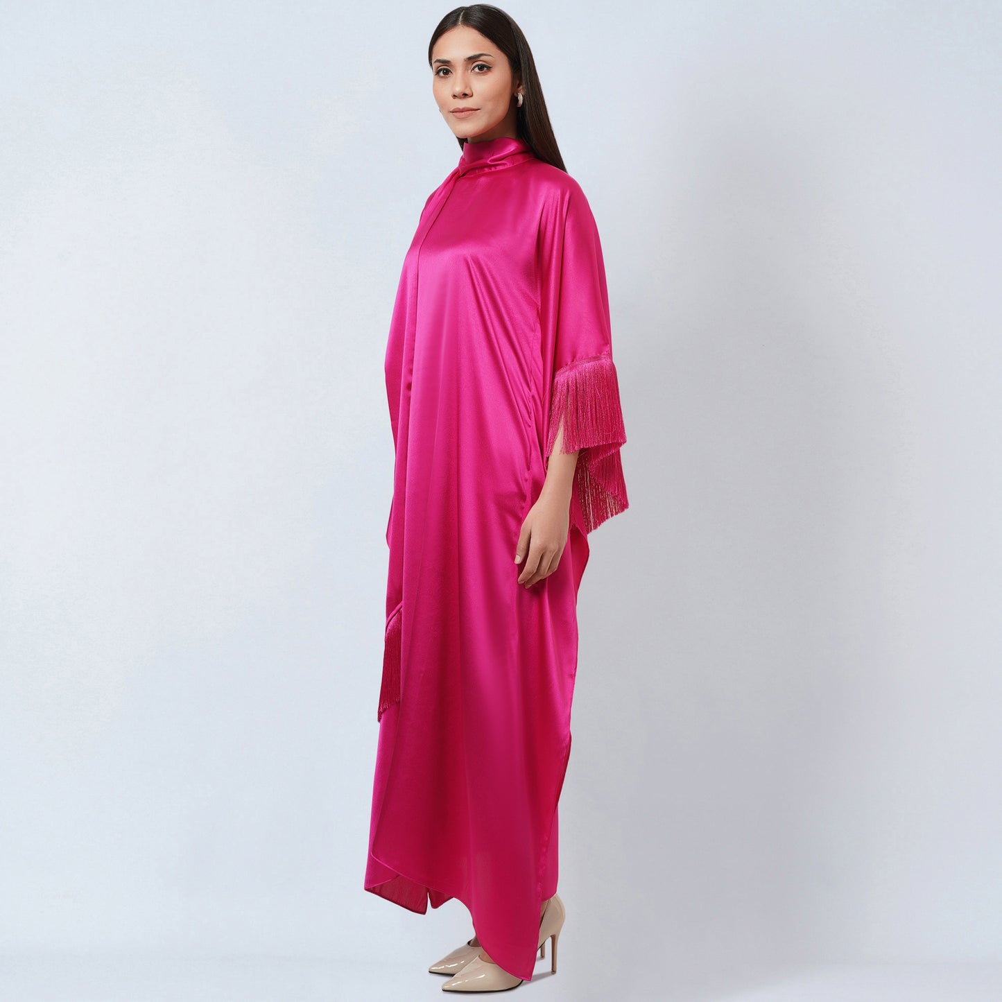 Hot Pink Full Length Kaftan with Fringe Detail