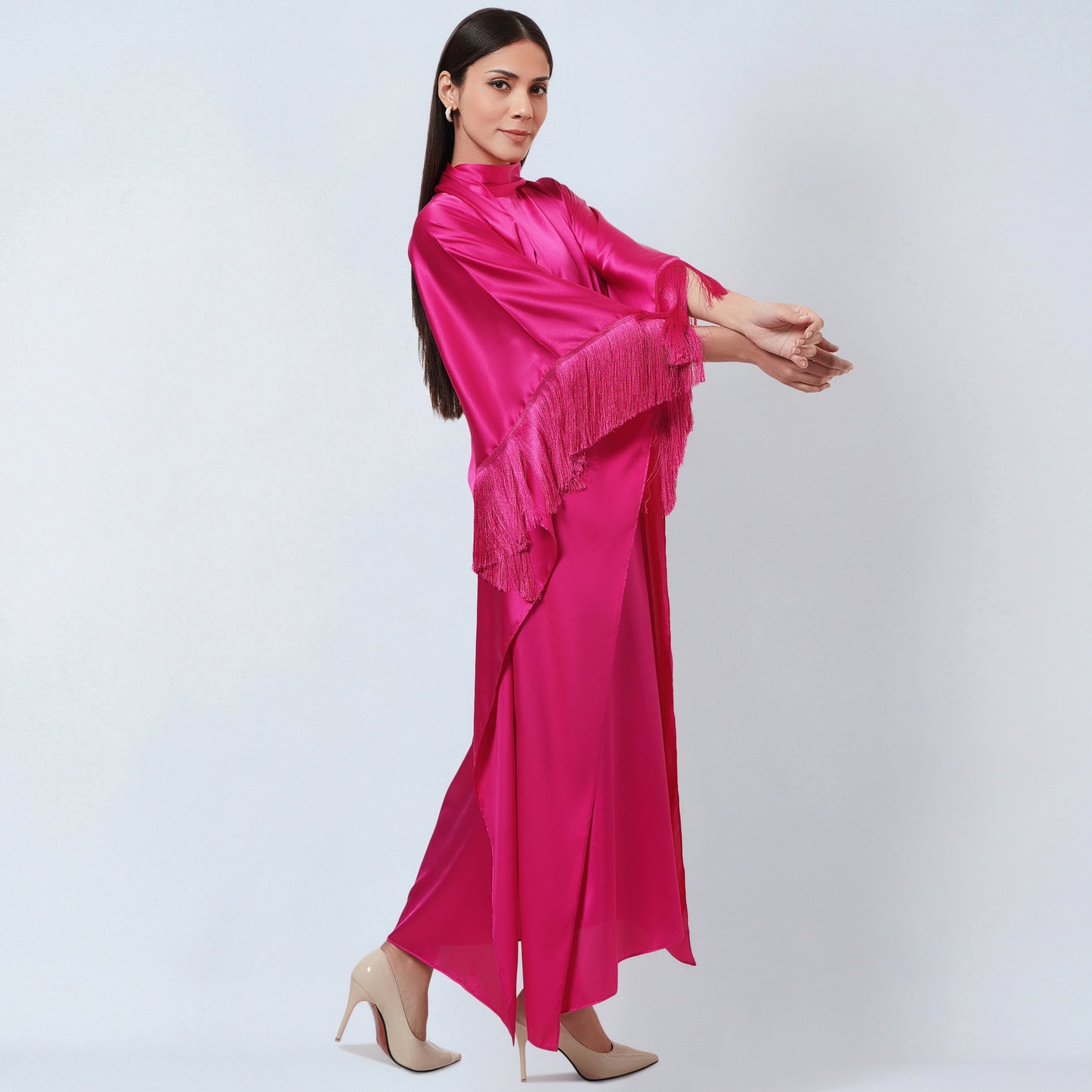 Hot Pink Full Length Kaftan with Fringe Detail