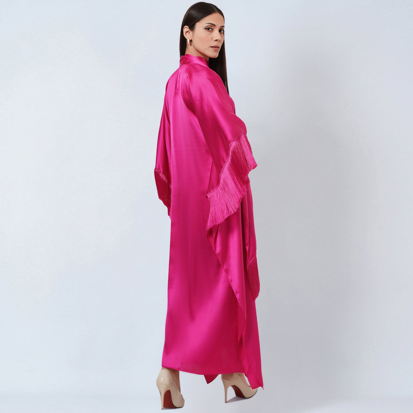 Hot Pink Full Length Kaftan with Fringe Detail