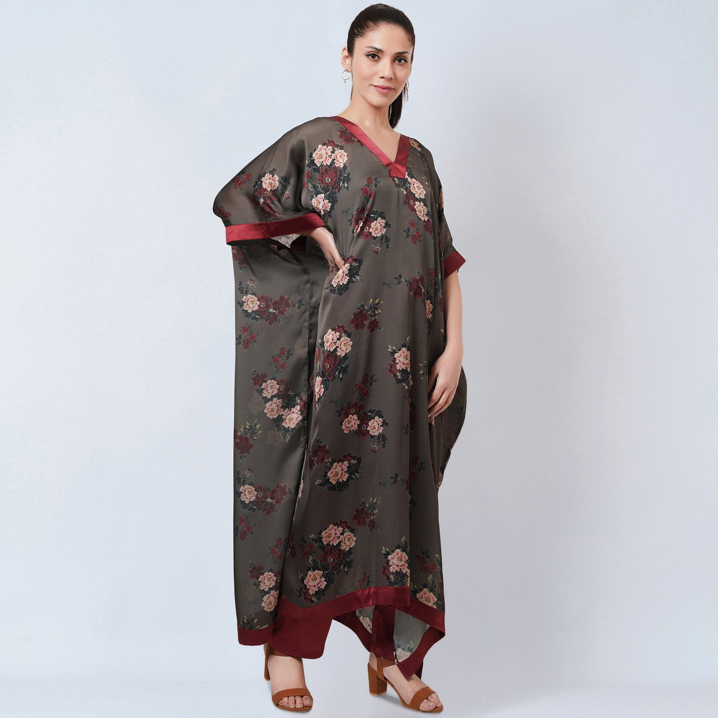 Green and Maroon Floral Kaftan