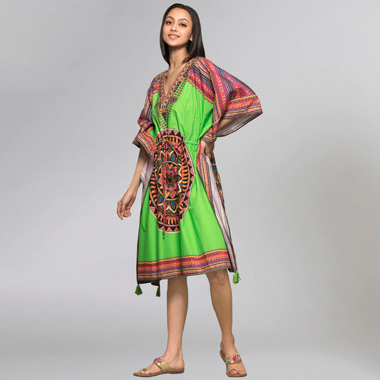 Green Tribal Embellished Mid Length Kaftan
