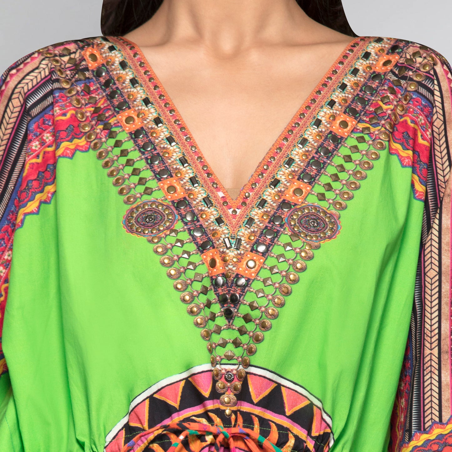 Green Tribal Embellished Mid Length Kaftan