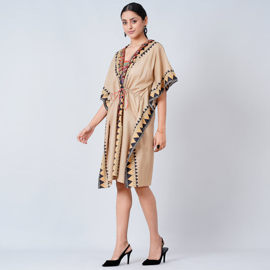 Brown Tribal Mid Length Kaftan with Mirror Lace