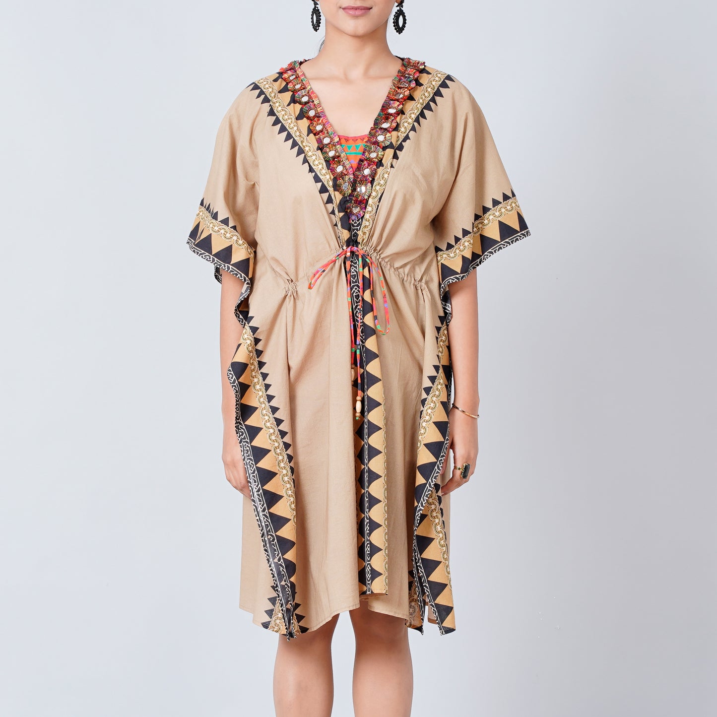 Brown Tribal Mid Length Kaftan with Mirror Lace