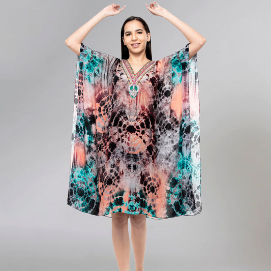 Multicoloured Abstract Print Embellished Mid Length Kaftan