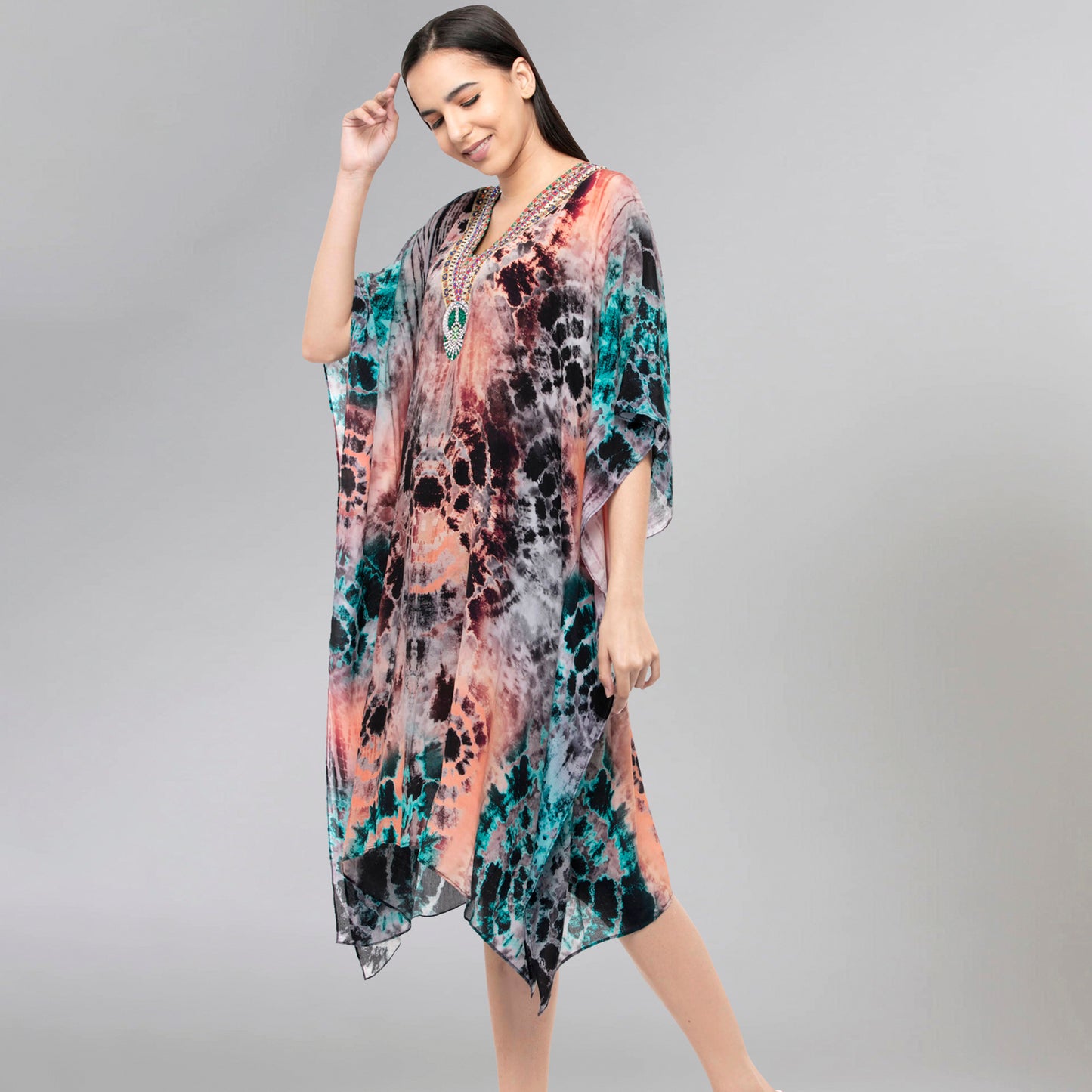 Multicoloured Abstract Print Embellished Mid Length Kaftan