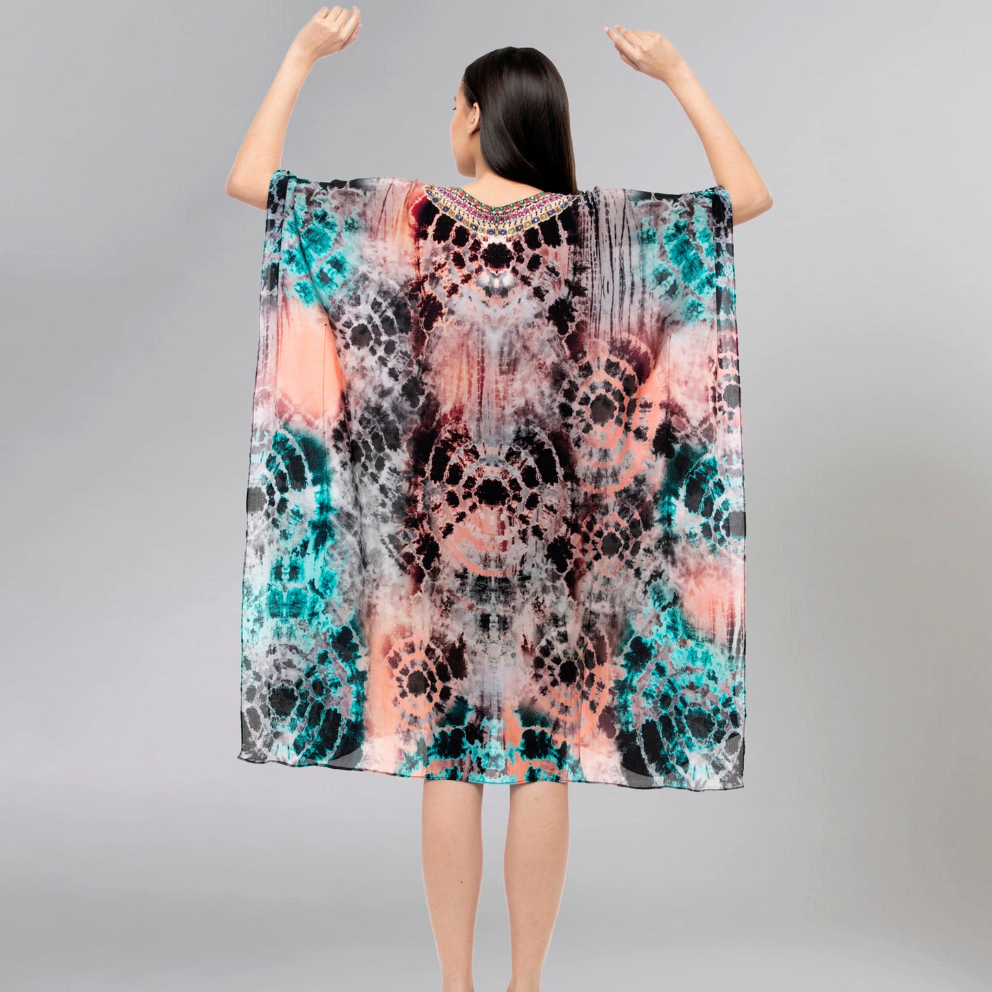 Multicoloured Abstract Print Embellished Mid Length Kaftan