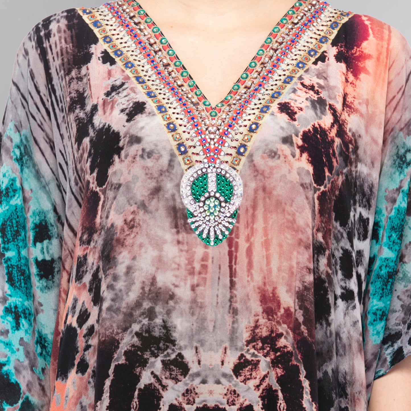 Multicoloured Abstract Print Embellished Mid Length Kaftan