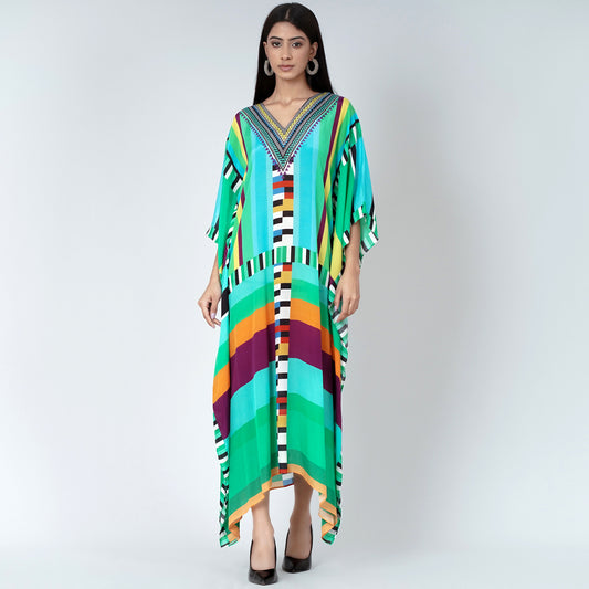 Blue and Green Geometric Mid Length Kaftan