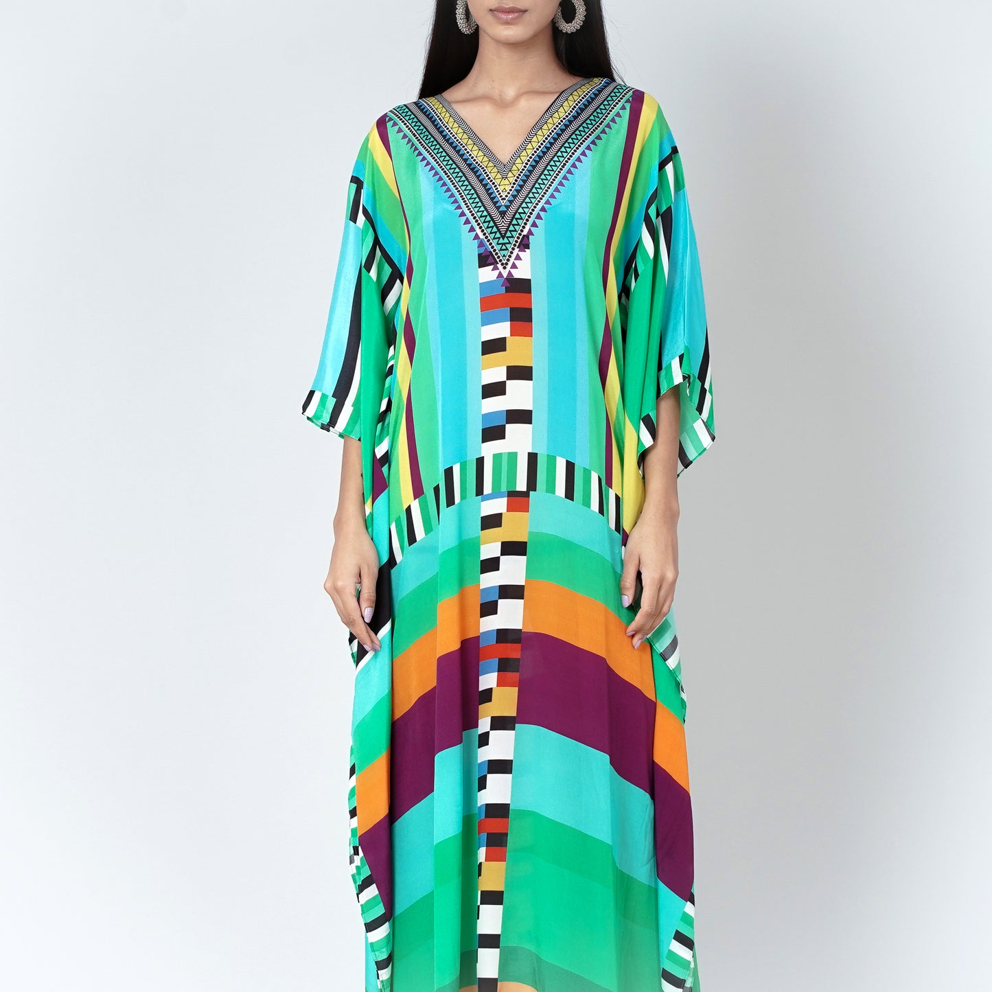 Blue and Green Geometric Mid Length Kaftan