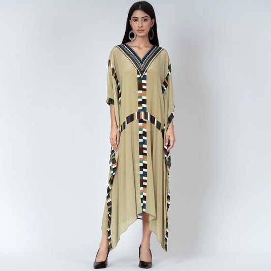 Olive Green Geometric Mid Length Kaftan