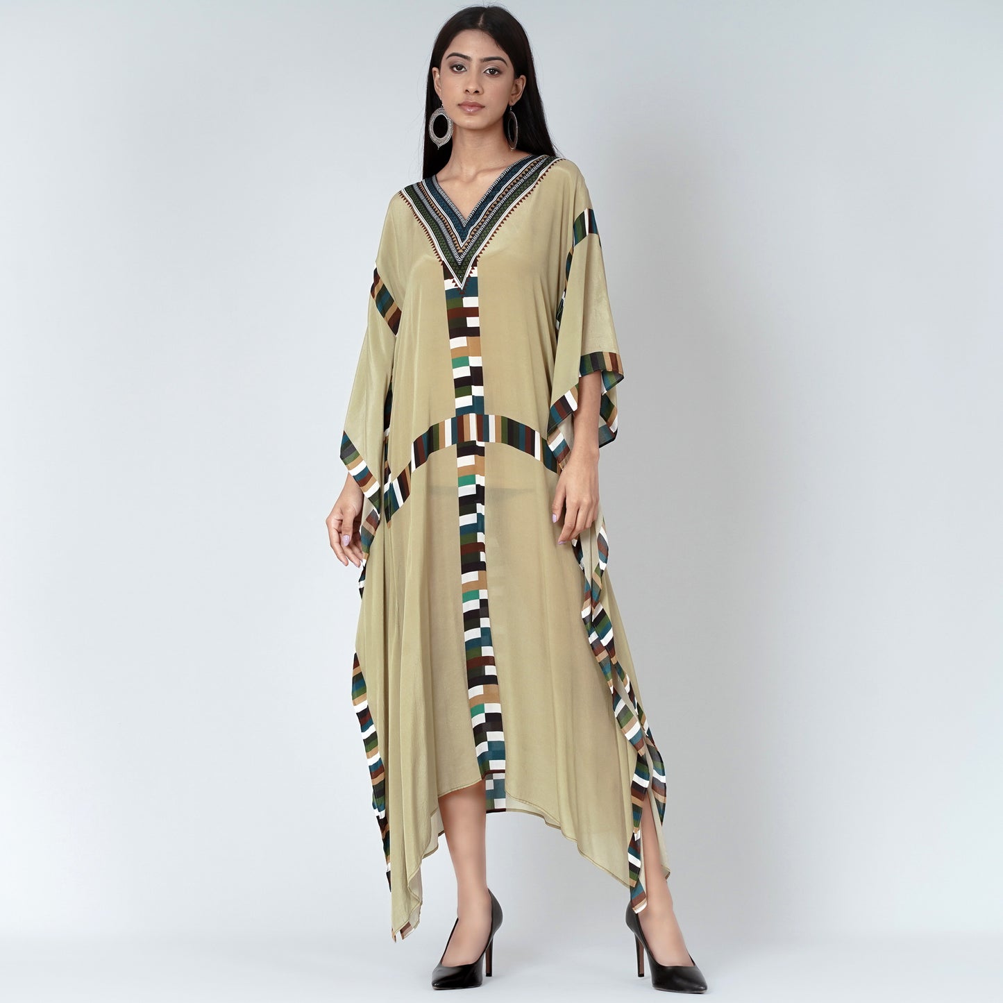Olive Green Geometric Mid Length Kaftan