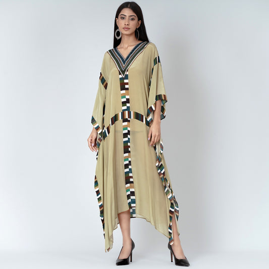 Olive Green Geometric Mid Length Kaftan