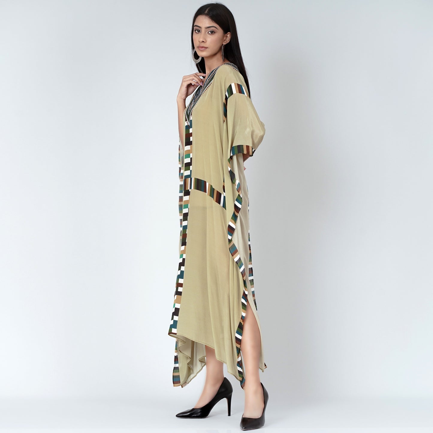 Olive Green Geometric Mid Length Kaftan
