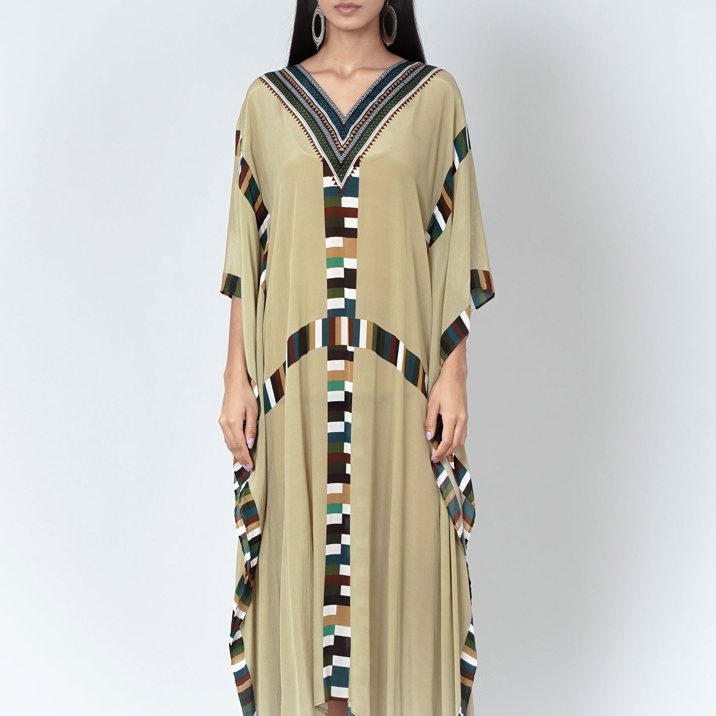 Olive Green Geometric Mid Length Kaftan