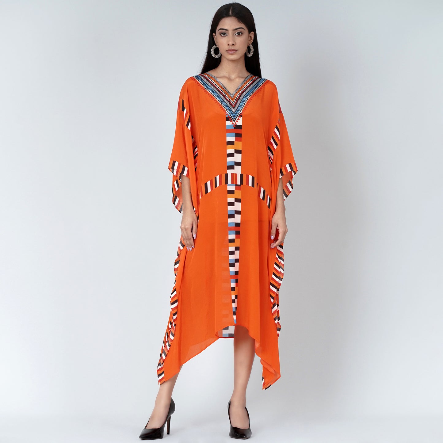 Orange Geometric Mid Length Kaftan