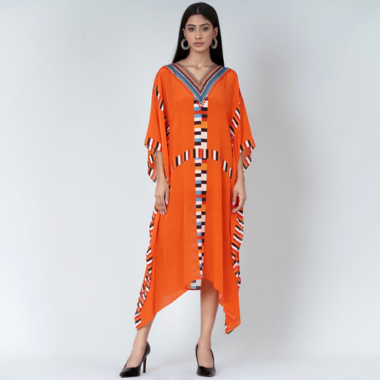 Orange Geometric Mid Length Kaftan