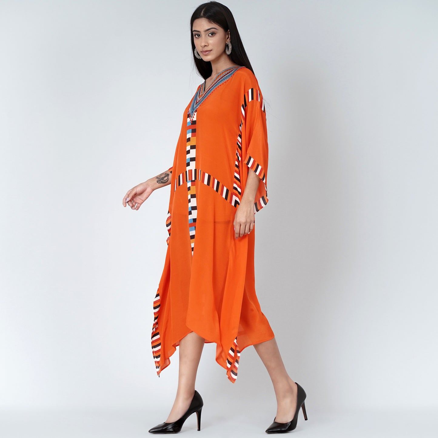 Orange Geometric Mid Length Kaftan