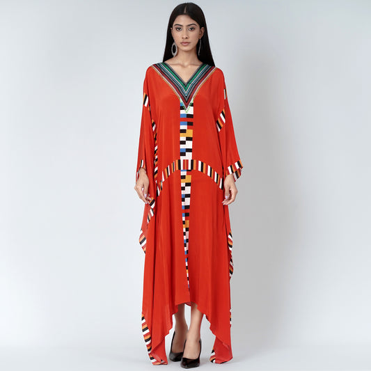 Red Geometric Mid Length Kaftan