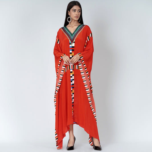 Red Geometric Mid Length Kaftan
