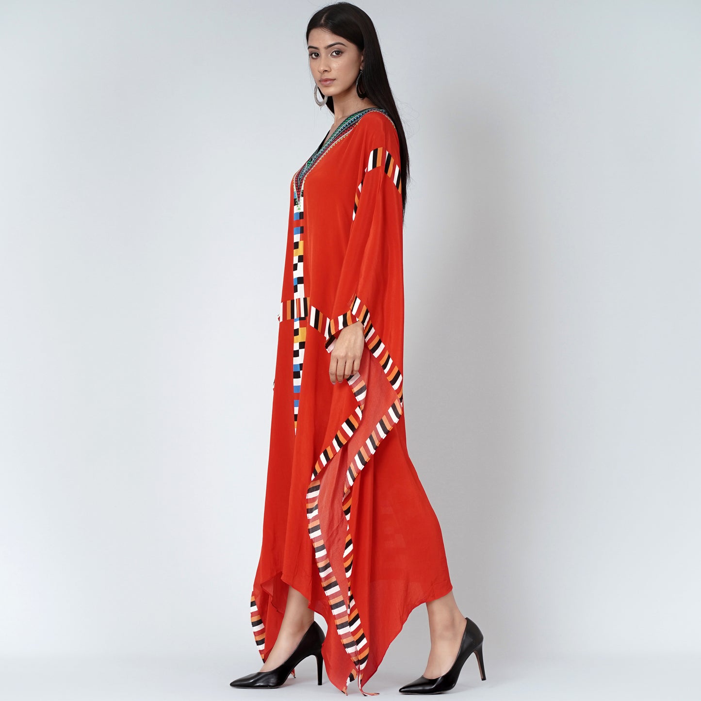 Red Geometric Mid Length Kaftan