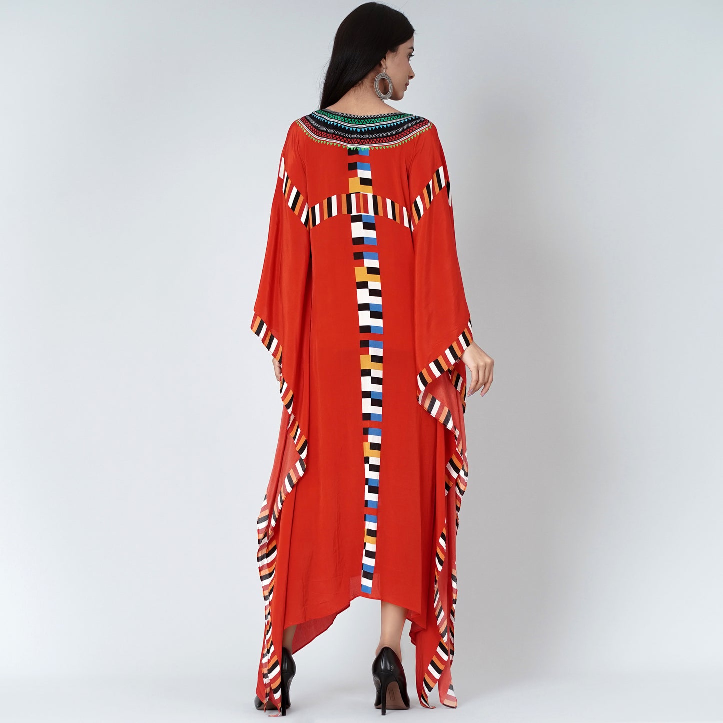 Red Geometric Mid Length Kaftan
