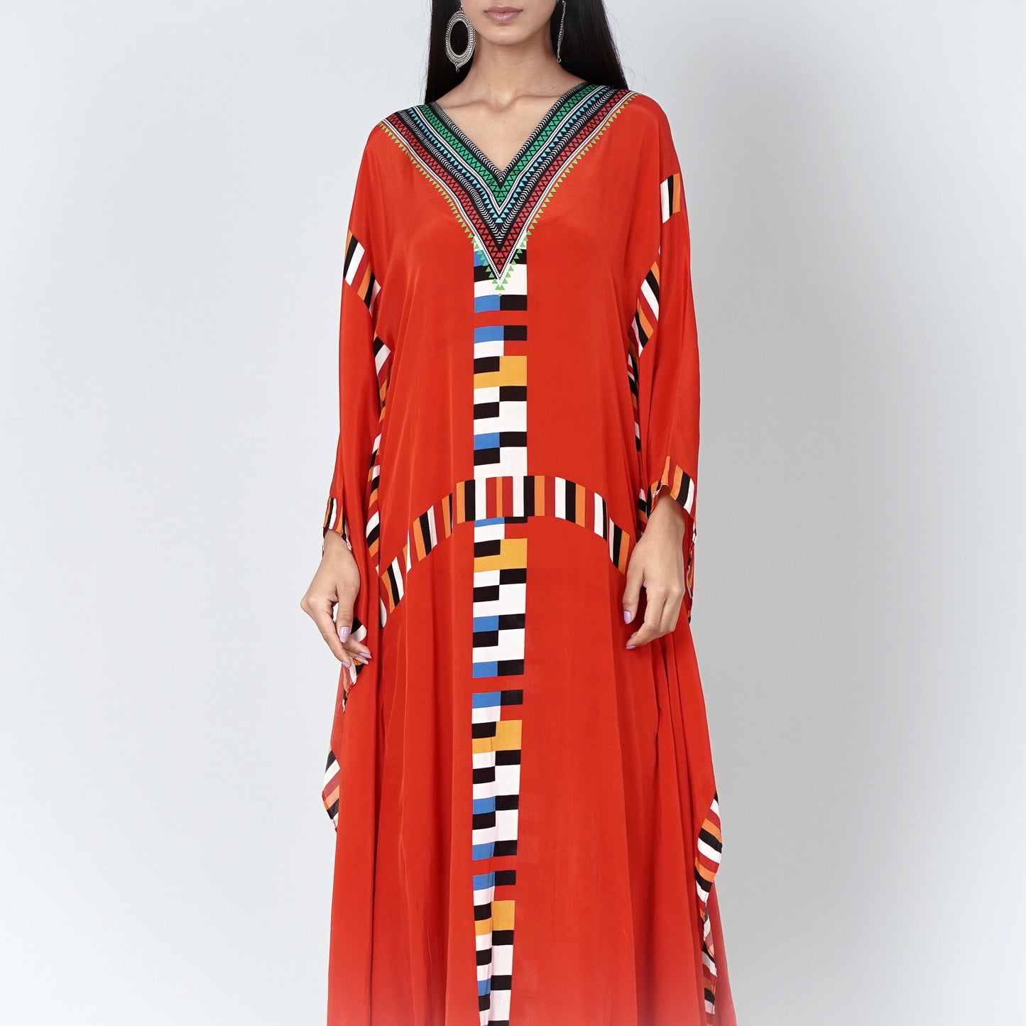 Red Geometric Mid Length Kaftan