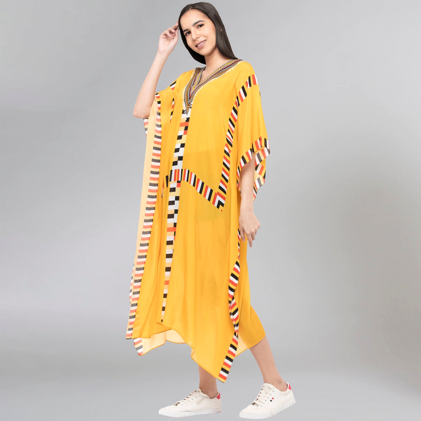 Yellow Geometric Mid Length Kaftan
