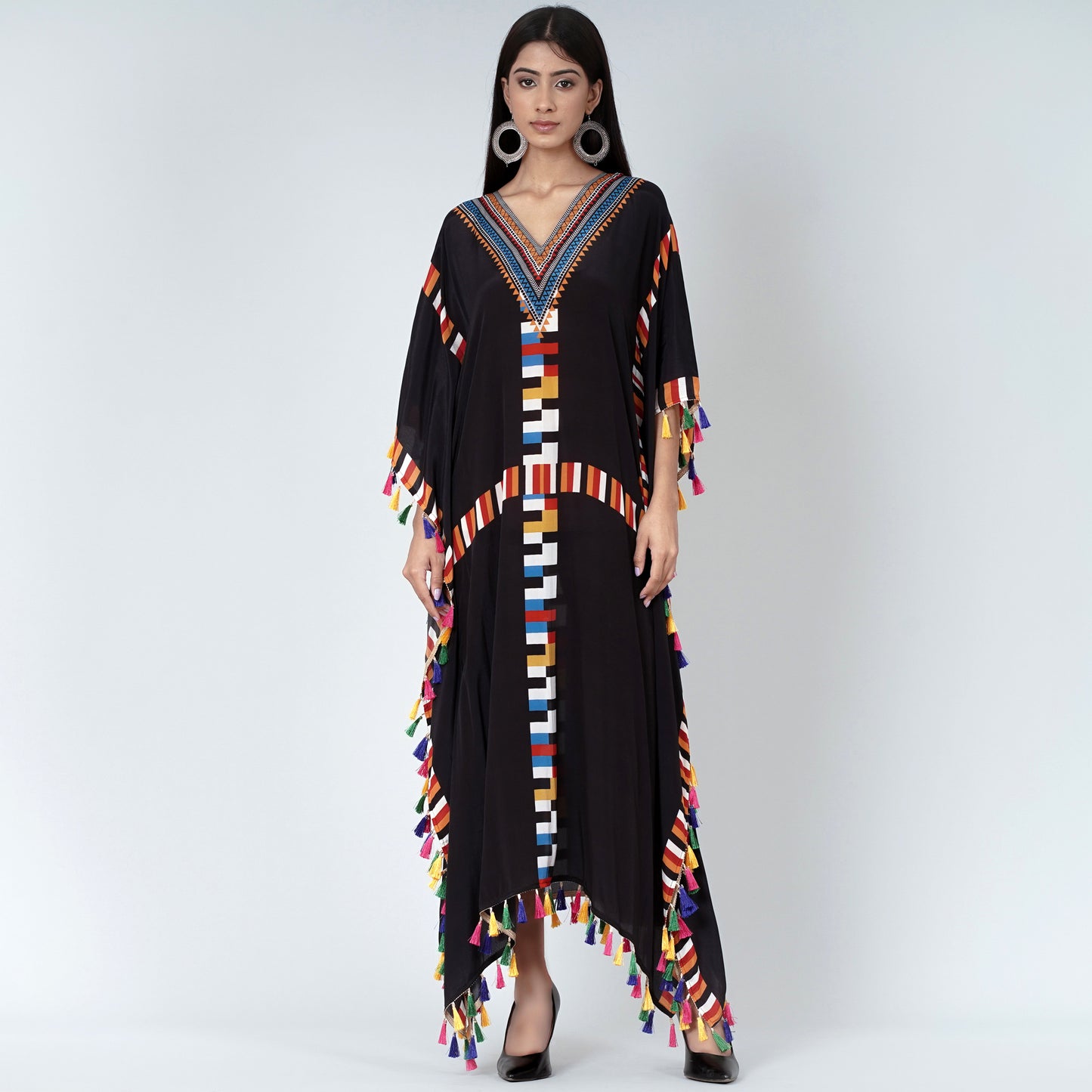 Black Geometric Mid Length Kaftan with Lace