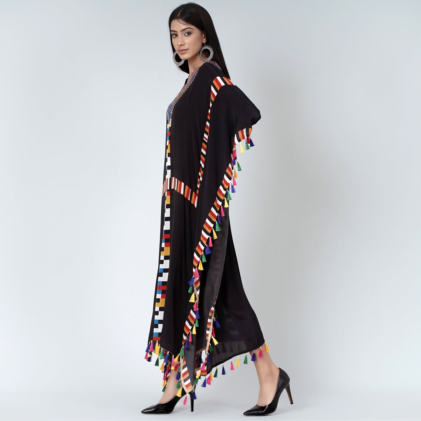 Black Geometric Mid Length Kaftan with Lace