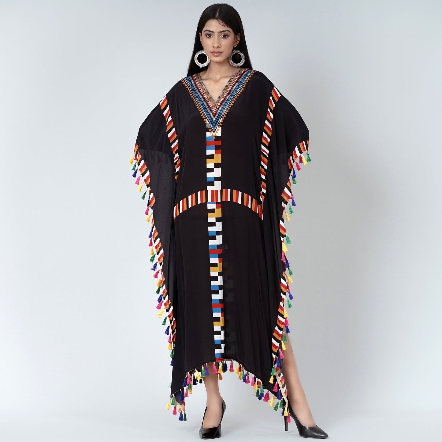 Black Geometric Mid Length Kaftan with Lace