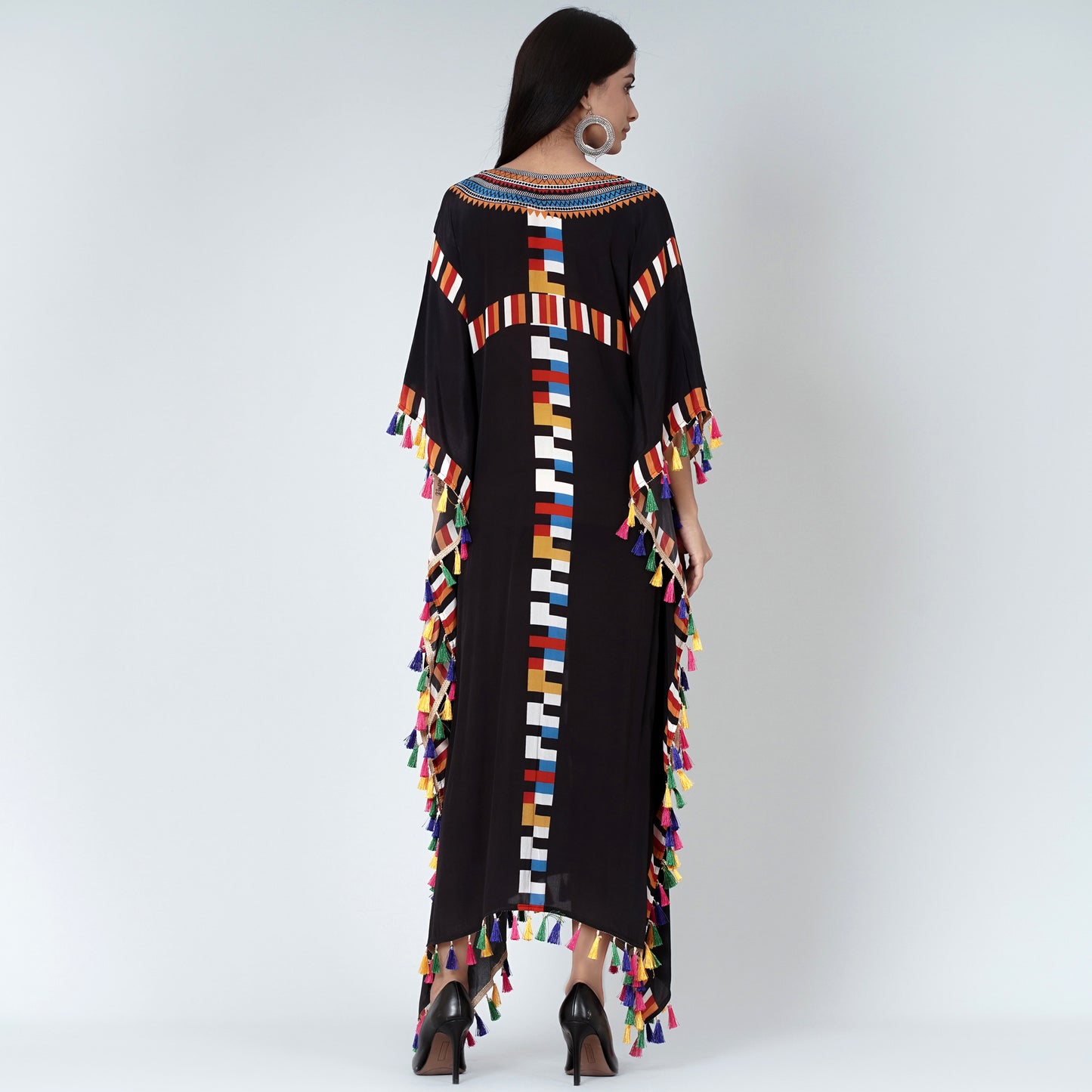 Black Geometric Mid Length Kaftan with Lace