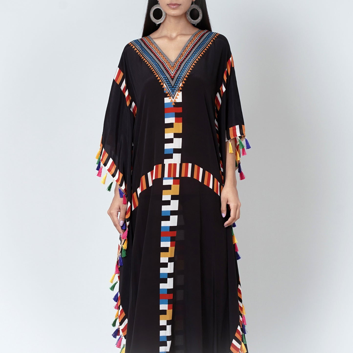 Black Geometric Mid Length Kaftan with Lace