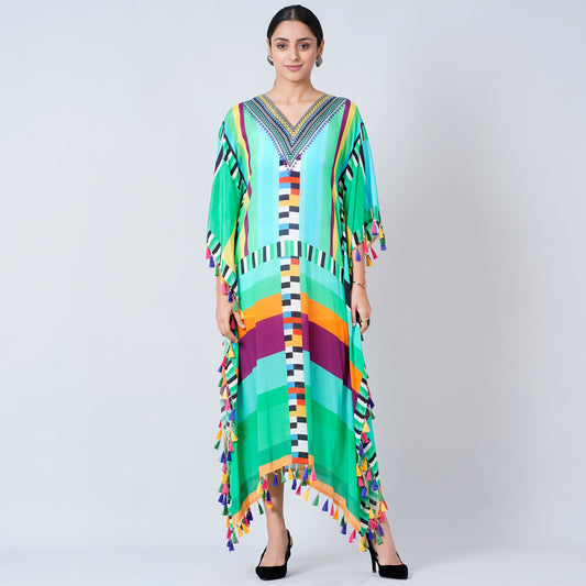 Blue and Green Geometric Mid Length Kaftan with Lace