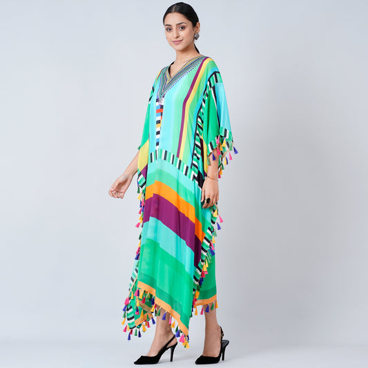 Blue and Green Geometric Mid Length Kaftan with Lace