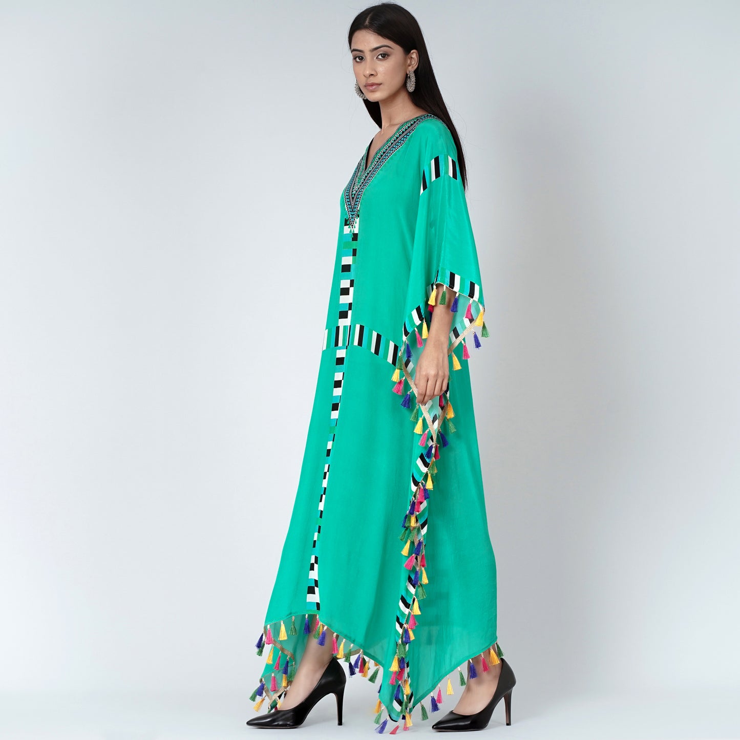 Green Geometric Mid Length Kaftan with Lace