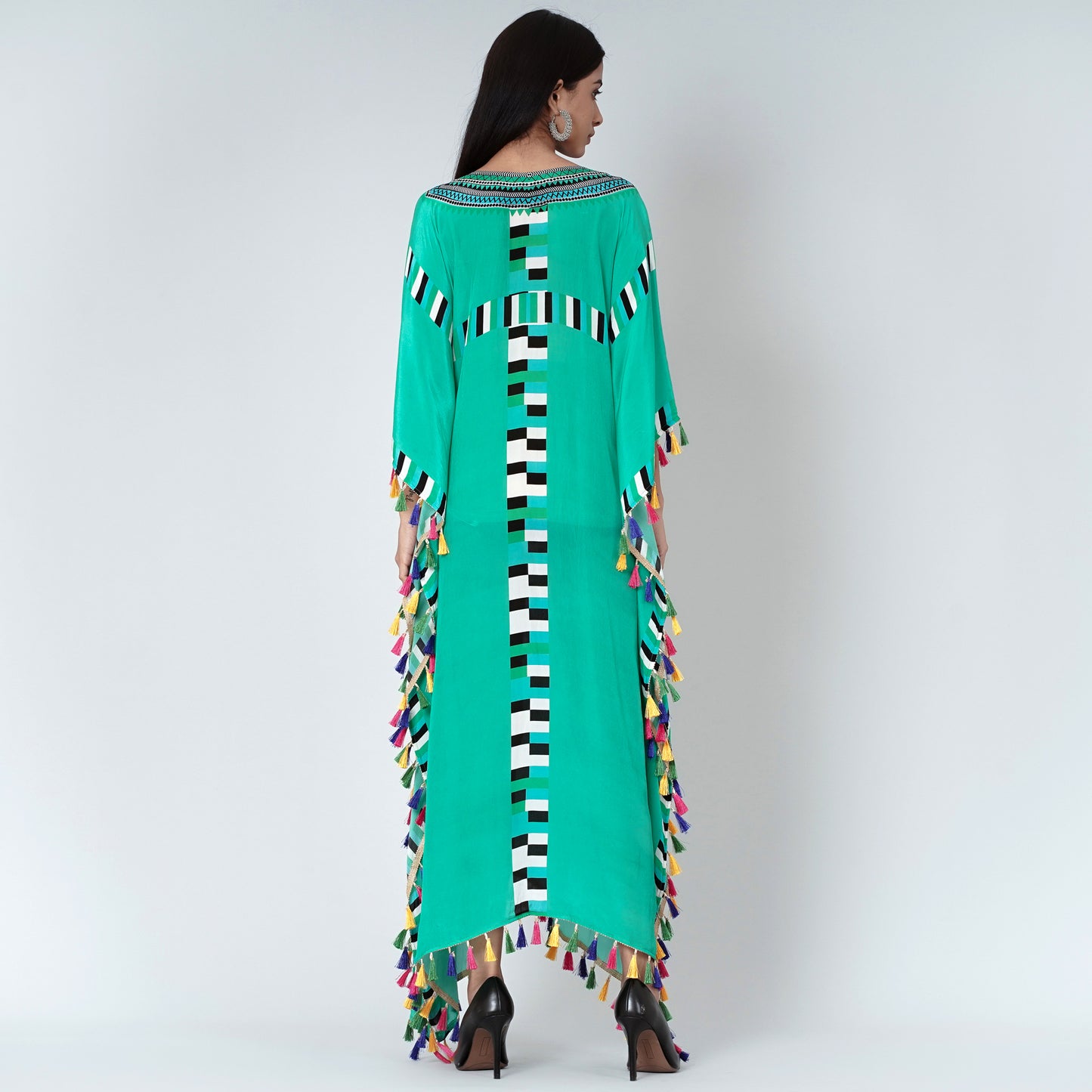 Green Geometric Mid Length Kaftan with Lace