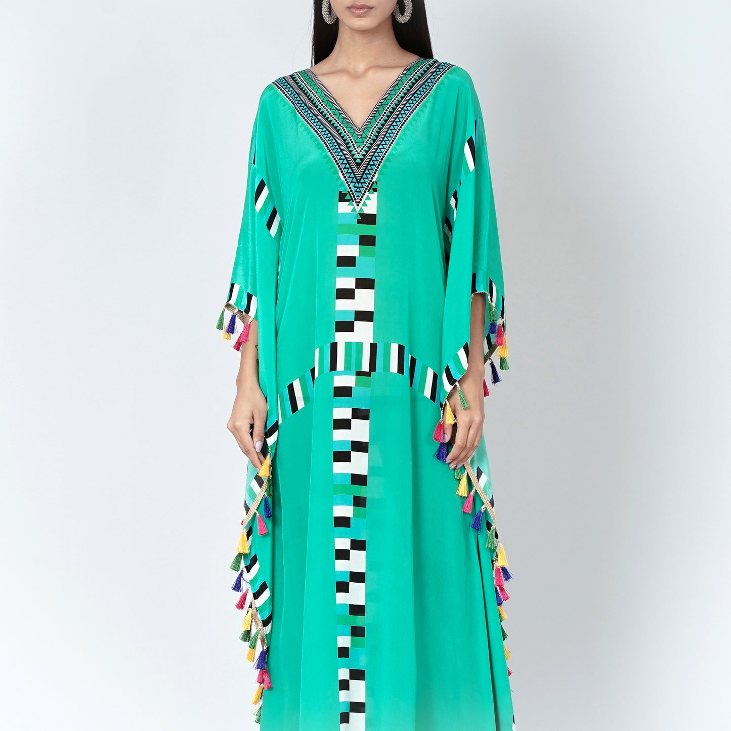 Green Geometric Mid Length Kaftan with Lace