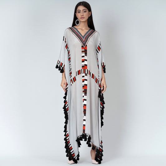 Grey Geometric Mid Length Kaftan with Lace